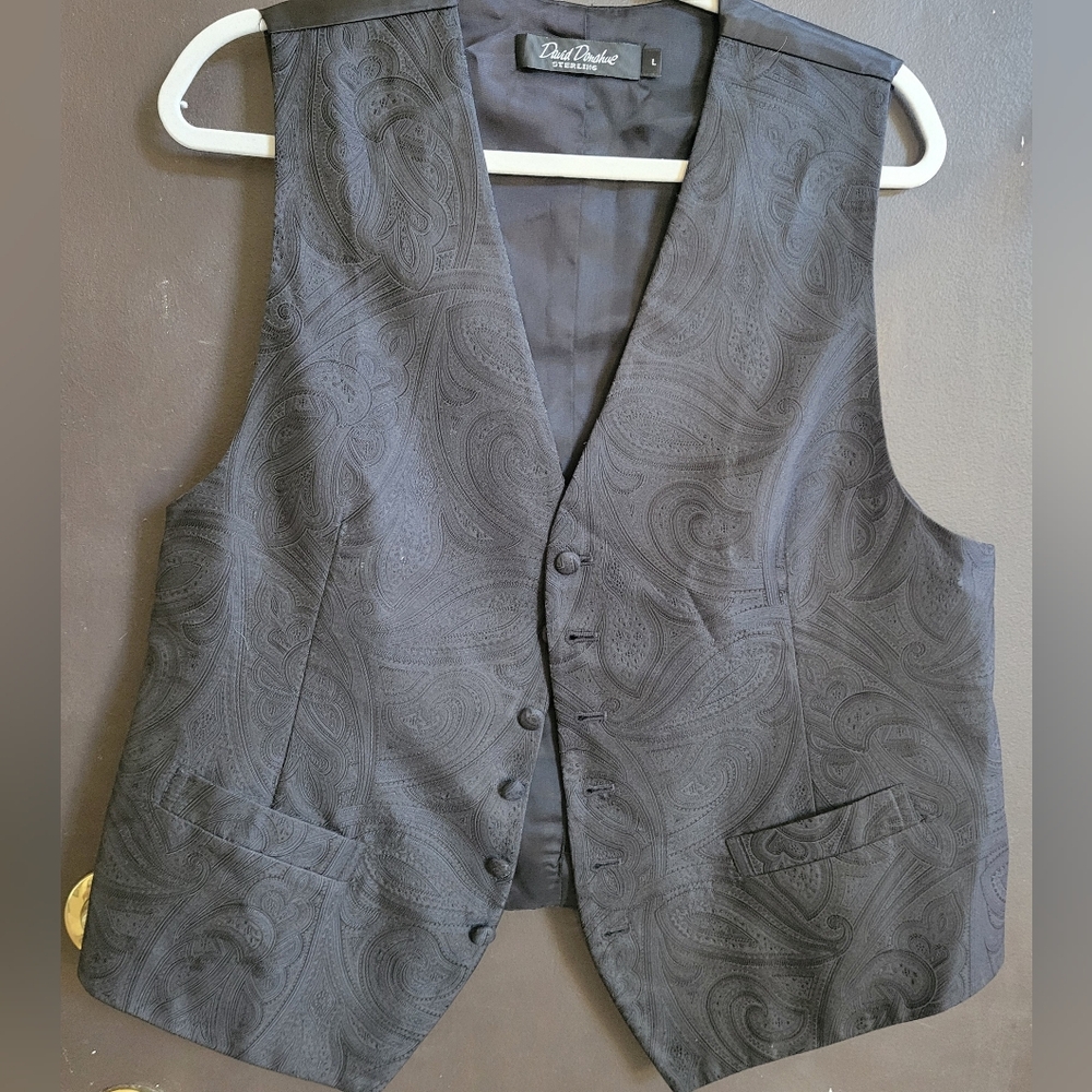 David Donahue Sterling Black Vest, 100% Silk Size L